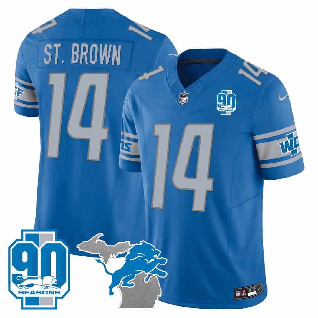 Men Detroit Lions #14 ST Brown Blue 2024 Nike 90th Year Michigan Patch Vapor NFL Jersey style 1